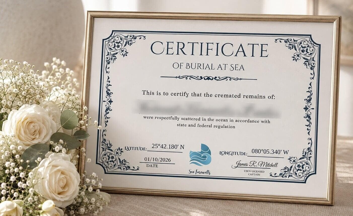 A framed Sea Farewells Certificate of Burial at Sea showing the recorded latitude and longitude, displayed beside white roses