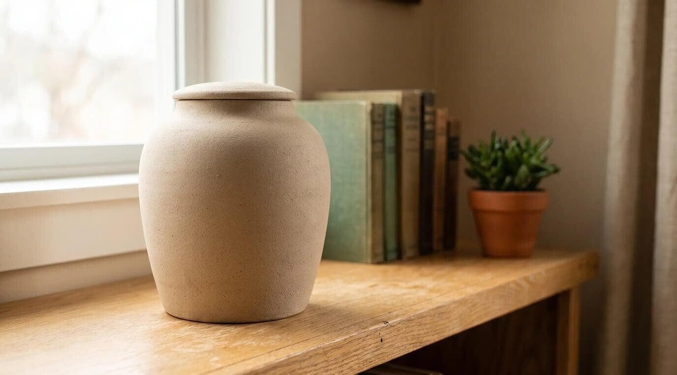 A cremation urn on a shelf at home, where families often keep ashes for months or years before scattering